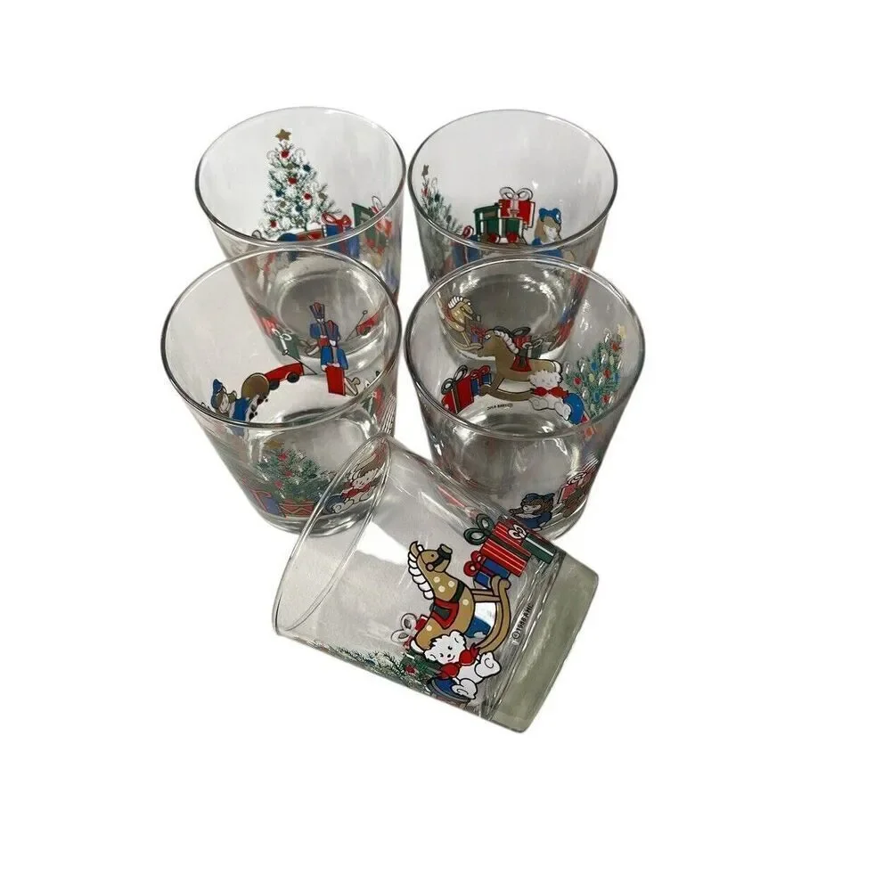 1988 Anchor Hocking Christmas Toys Rocks Highball Glasses Lot Of 5